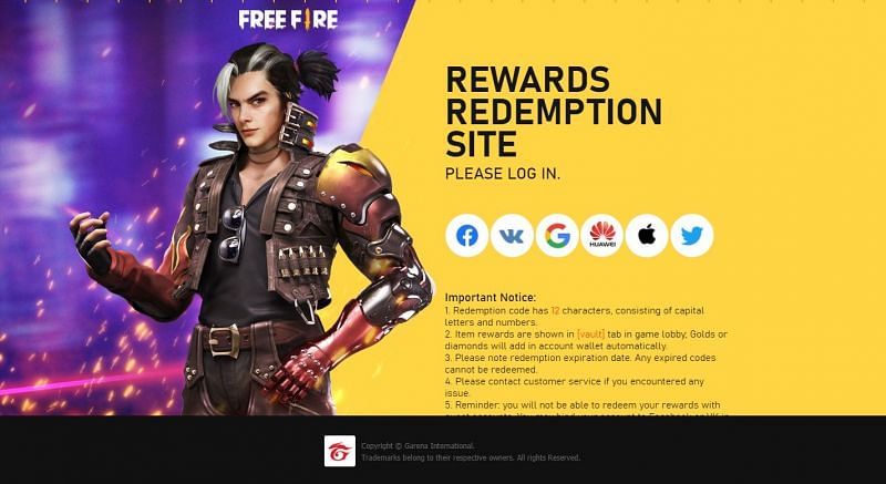 Log in on the redemption site of Free Fire.